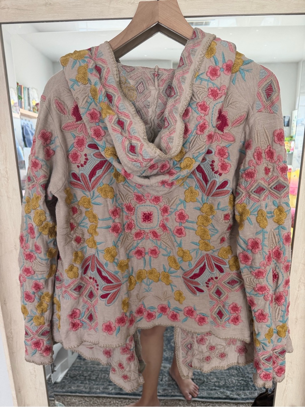 Johnny Was Biya Embroidered Hooded Cardigan Sweater - Neutral with Pink & Yellow - Picture 4 of 4
